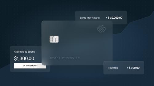 Dashboard on desktop and mobile showcasing Squarespace Balance with a business debit card, same-day payout, available balance, and rewards updates.