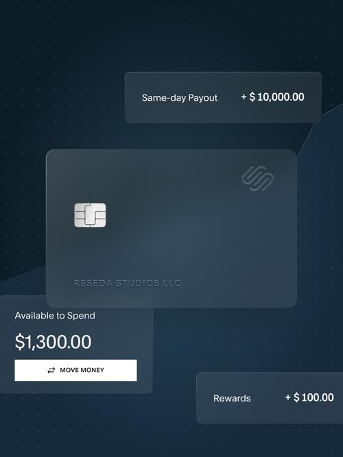Dashboard on desktop and mobile showcasing Squarespace Balance with a business debit card, same-day payout, available balance, and rewards updates.