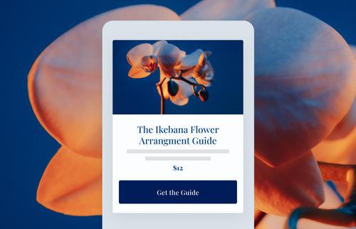 Digital product listing on a mobile site showcasing The Ikebana Flower Arrangement Guide with an orchid photo, $12 price, and a call-to-action button labeled Get the Guide.