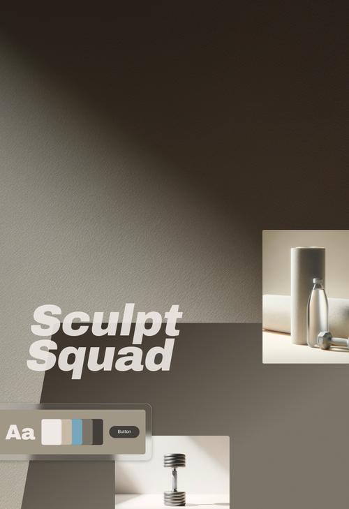 A fitness brand identity design for ’Sculpt Squad’, featuring the company name in bold italic text and a style guide component showing typography (’Aa’) and brand colors in white, light blue, and black. The design includes two minimalist product photos: one of a water bottle with dumbbells, and another of an adjustable dumbbell against a neutral background. Navigation menu items ’About’ and ’Our Ple-’ are visible in the top right.