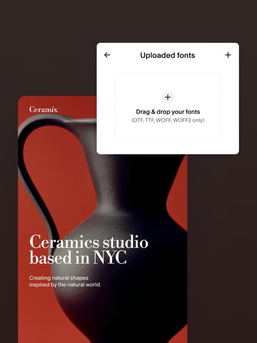 Screens demonstrating font upload tools that let users add and apply custom typography to their website design.