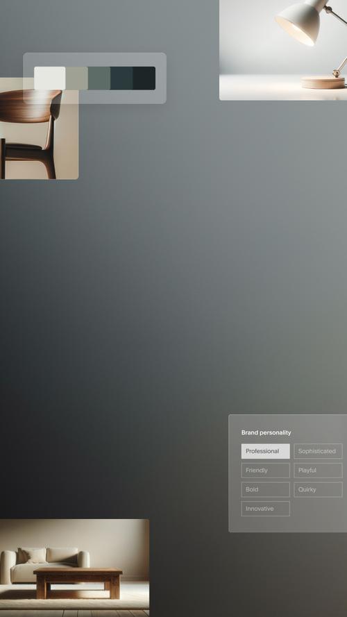 A modern interior design mood board featuring three minimalist photos: a wooden dining chair with curved back, a white desk lamp with adjustable arm, and a living room scene with a cream sofa and wooden coffee table. An overlaid panel lists brand personality traits including Professional, Sophisticated, Friendly, Playful, Bold, Quirky, and Innovative.