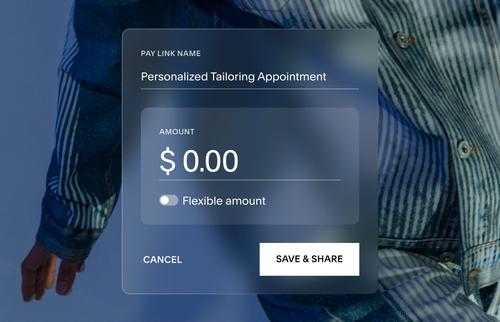 Mobile screen showing creation of a pay link titled “Personalized Tailoring Appointment” with flexible amount option and a save and share button.