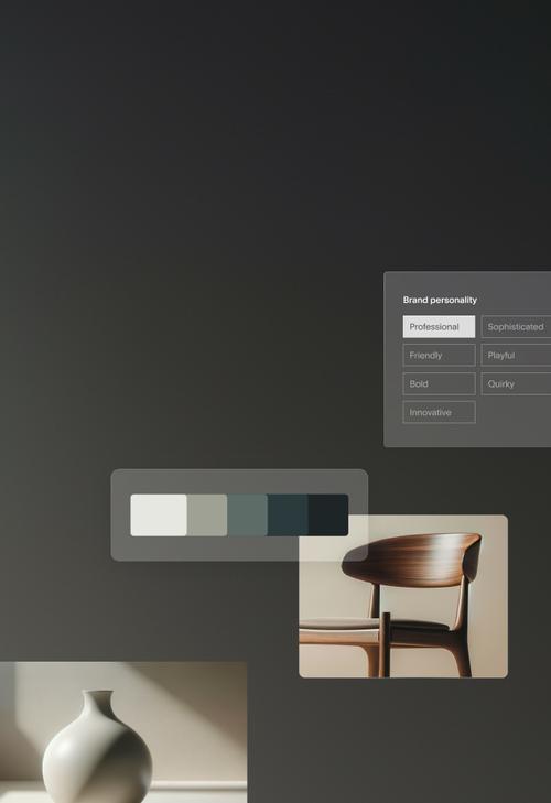 A brand mood board featuring three main elements: a minimalist white ceramic vase photographed in dramatic lighting, a color palette of white to dark blue tones, and a modern wooden chair with curved backrest. In the top right, there’s a ’Brand personality’ panel listing traits like Professional, Sophisticated, Friendly, Playful, Bold, Quirky, and Innovative. The overall aesthetic suggests modern, sophisticated design.