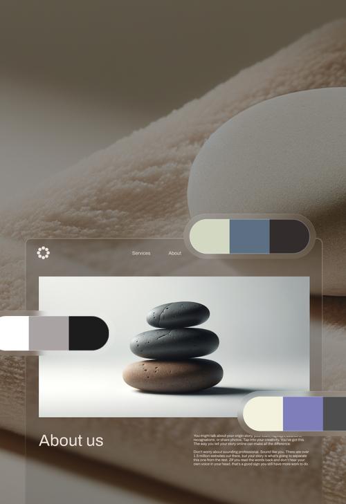 A spa or wellness website’s ’About us’ section featuring a central image of three stacked meditation stones (two black, one brown) on a white background. The page includes a navigation menu with ’Services’ and ’About’ links, and three color palette bars showing different combinations of cream, blue, purple, and black tones. Sample placeholder text about telling your brand story appears below. The design uses a frosted glass effect with translucent panels overlaying a textured background.